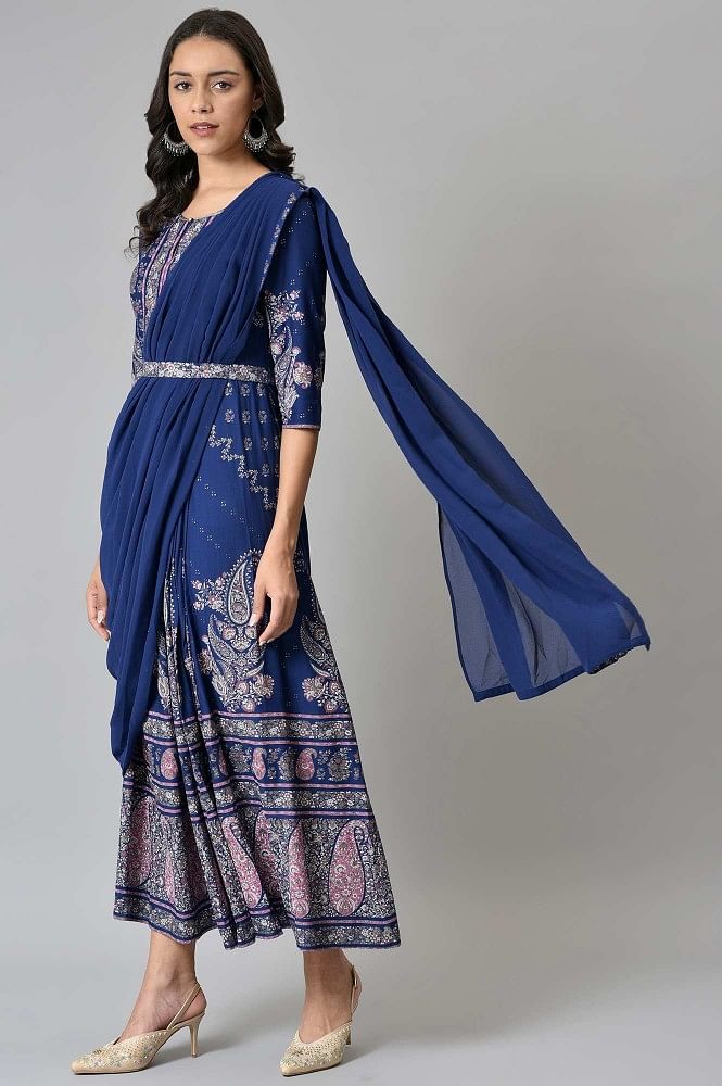 Buy Blue Silk Round Embroidered Saree Gown For Women by Nidhika Shekhar  Online at Aza Fashions. | Gowns, Saree gown, Saree